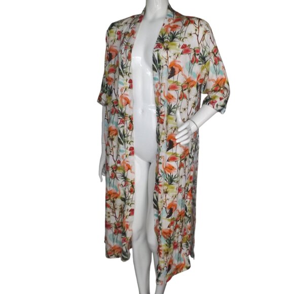 LAZY POET Linen Kimono/Swim Cover up, LONG slit, Flamingo/Multicolor Print - Picture 3 of 13